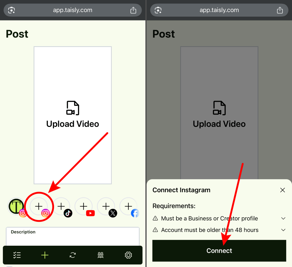 Click the + button to add Instagram account