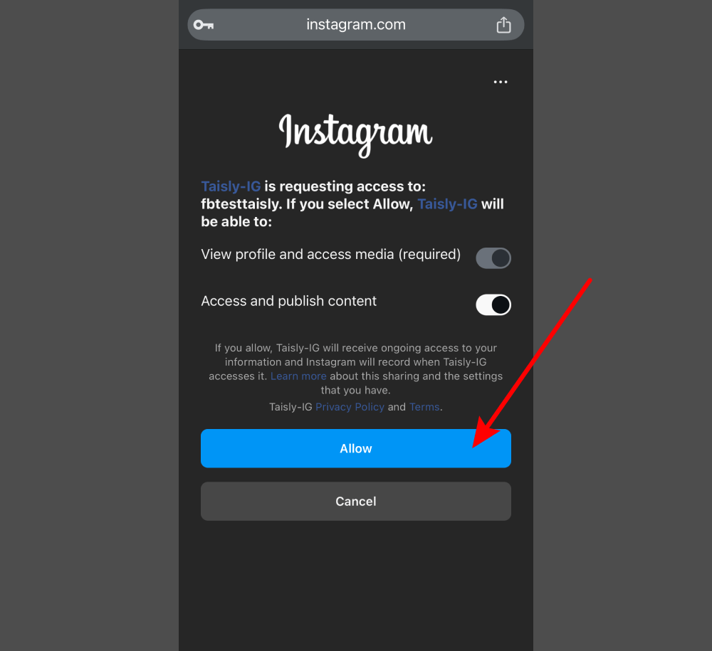 Allow Instagram permissions